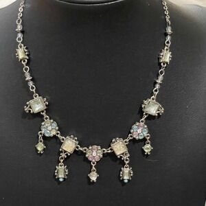 Sparkling Pastel Flower Square Charm Necklace Silver Tone Women Jewelry